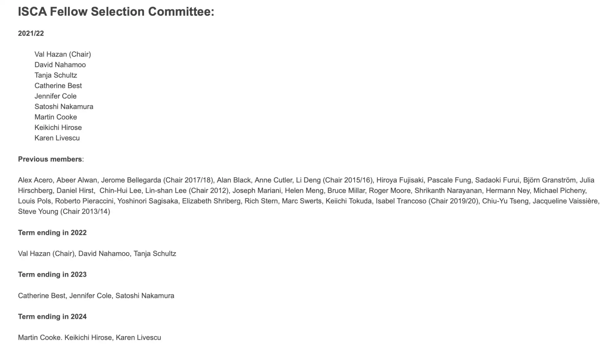 這是 ISCA 網頁在 2022 年所列的當年及之前的 Fellow Selection Committee 名單；其中提到李教授曾任該委員會委員，並在 2012 年擔任主席。
